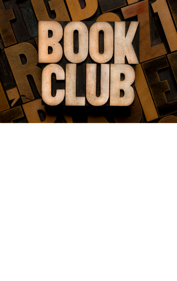 Brown background with letters. Front text says Book Club in light brown.