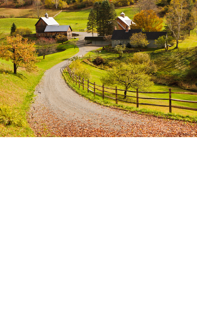 This image shows a farm scene. A road a, home, and barns.