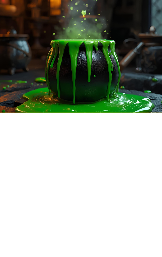 Green slime oozing out of cauldron.