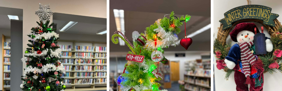 Christmas trees and snowman wreath.