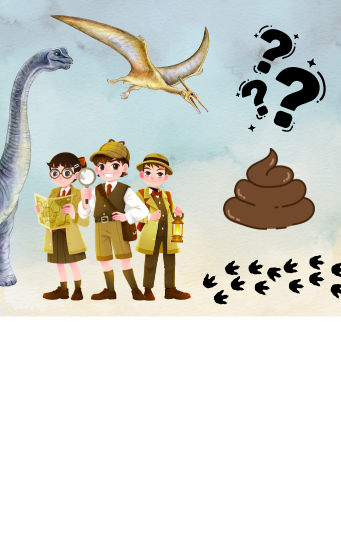 Dinosaurs, poop, footprints, and kid detectives on blue and yellow background.