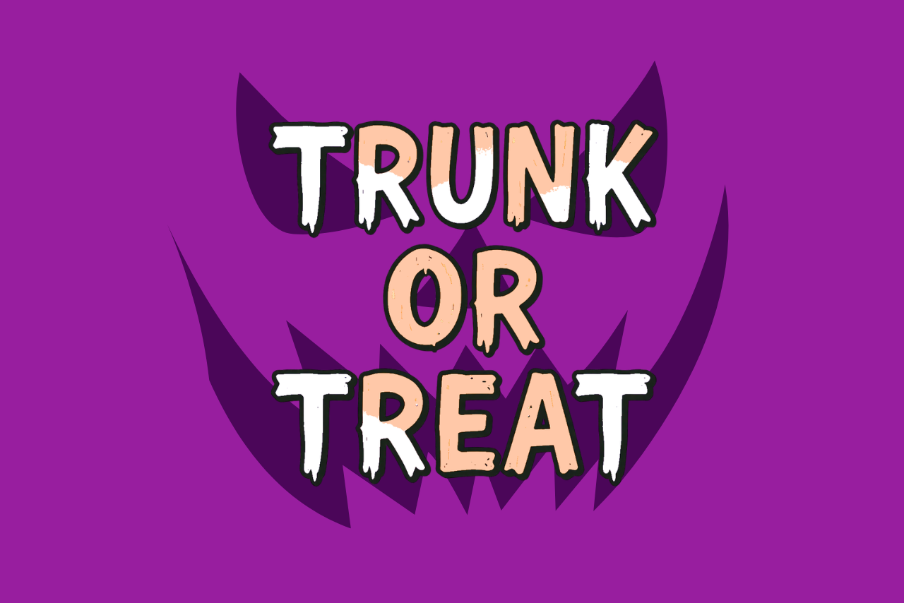 Trunk or Treat text with a jack-o-lantern face on a purple background.